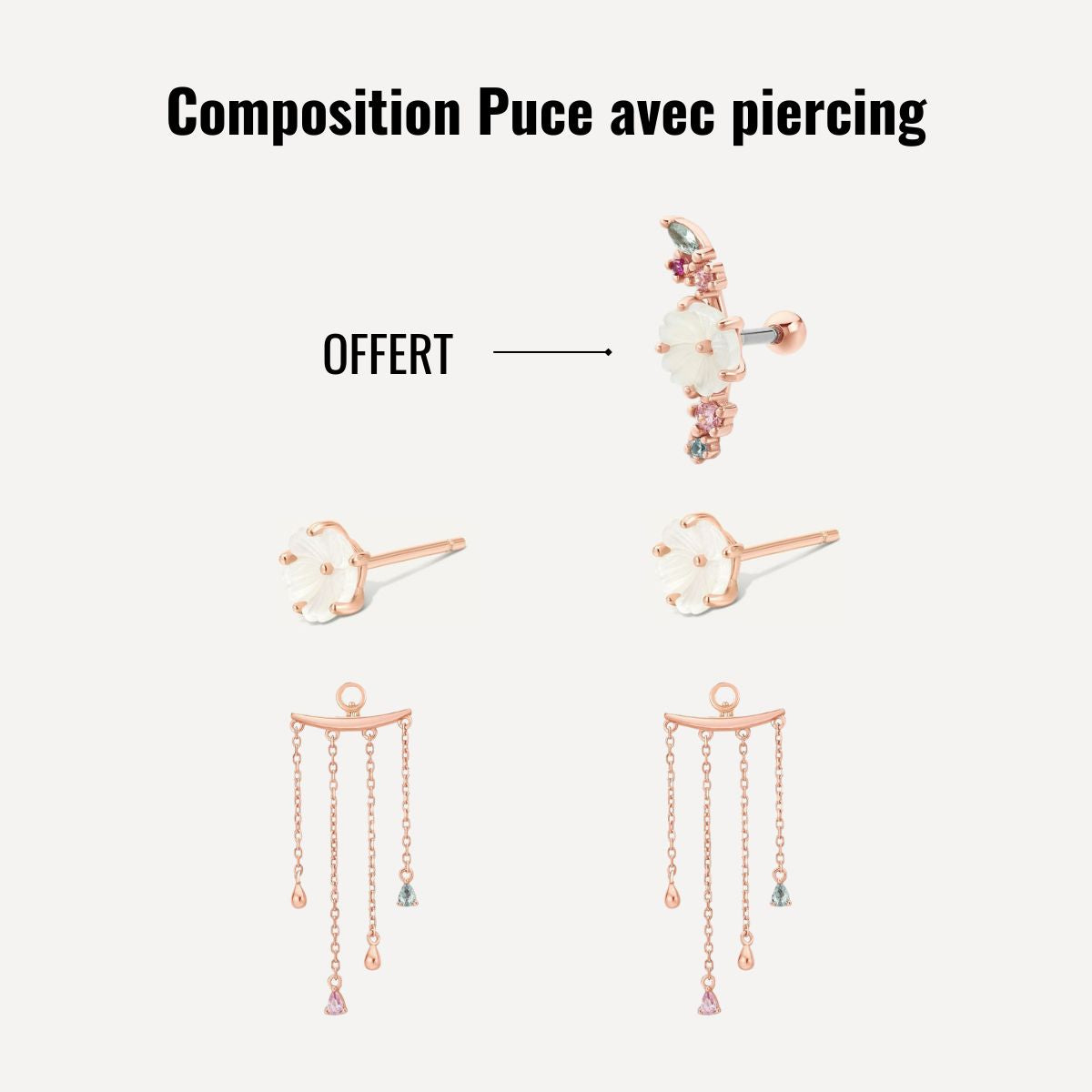 Composition Florale puce Or Rose avec piercing